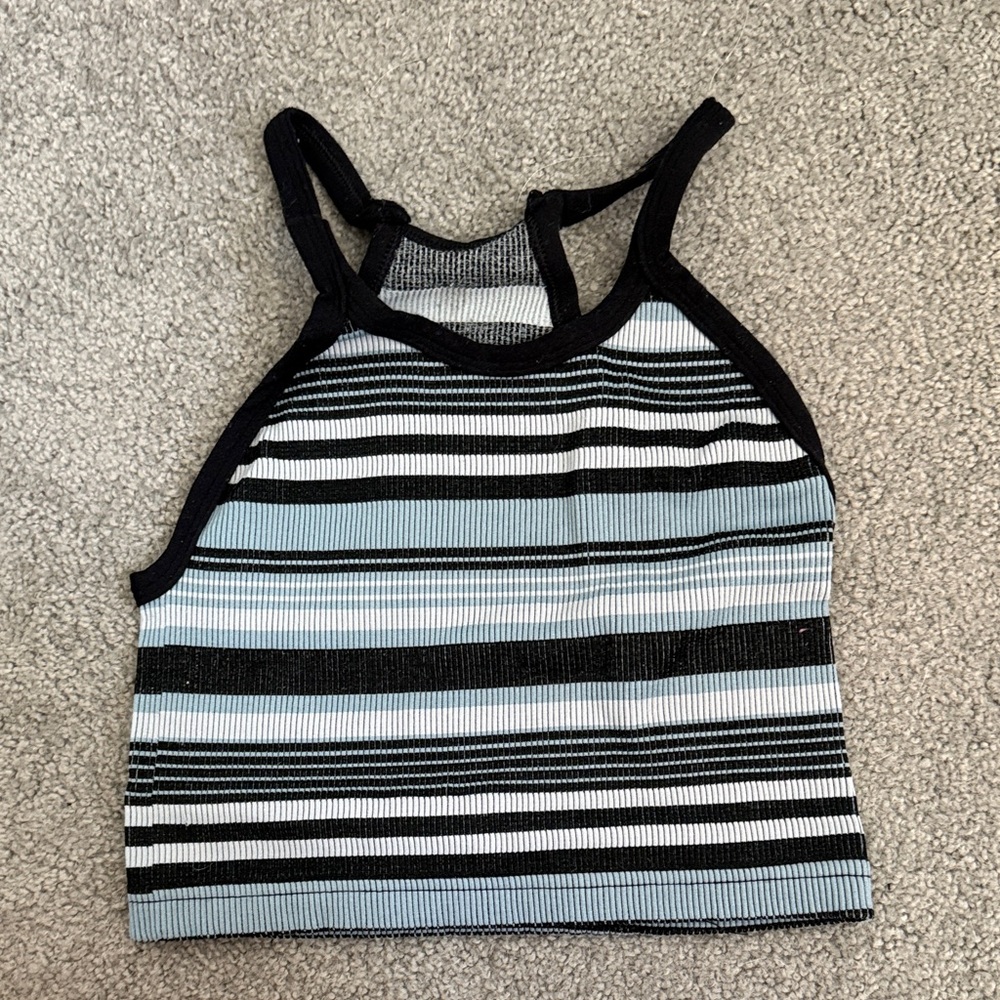 Striped Ribbed Tank Top in Black, White & Light Blue